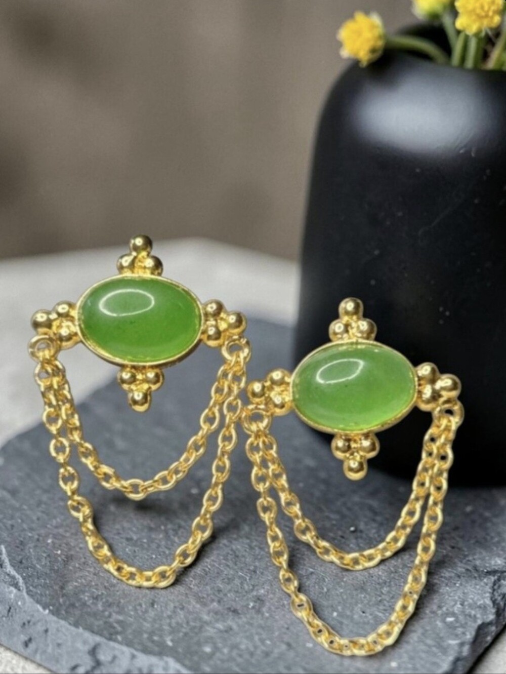Luxury 18k Gold Plated Designer Artisan Genuine Jade Drapey Chain Swag Earrings